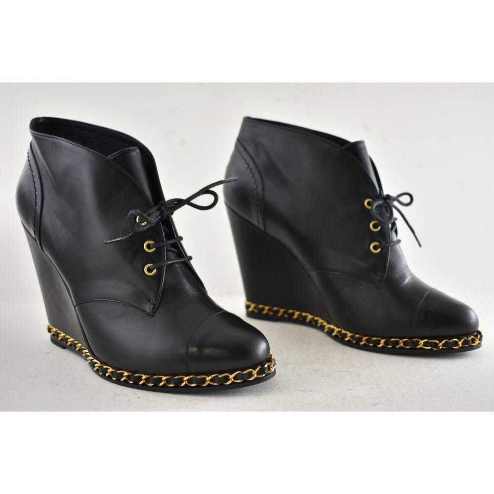 Chanel Black Leather Gold Chain Around CC Logo Lace Up Tie Ankle Wedge Boot 38.5 - Picture 3 of 16